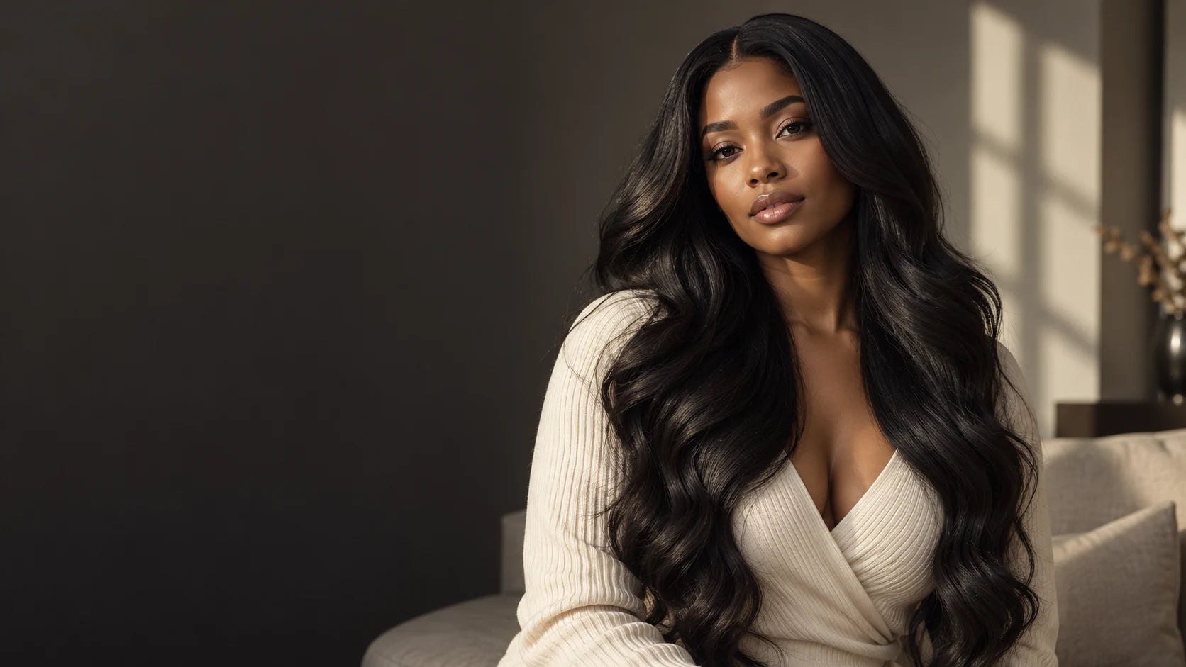 Long black hair styled in soft waves